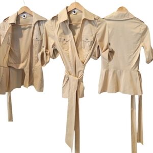 DIANE VON FURSTENBERG, KHAKI SAFARI WRAP TOP, SIZE 4, EUC